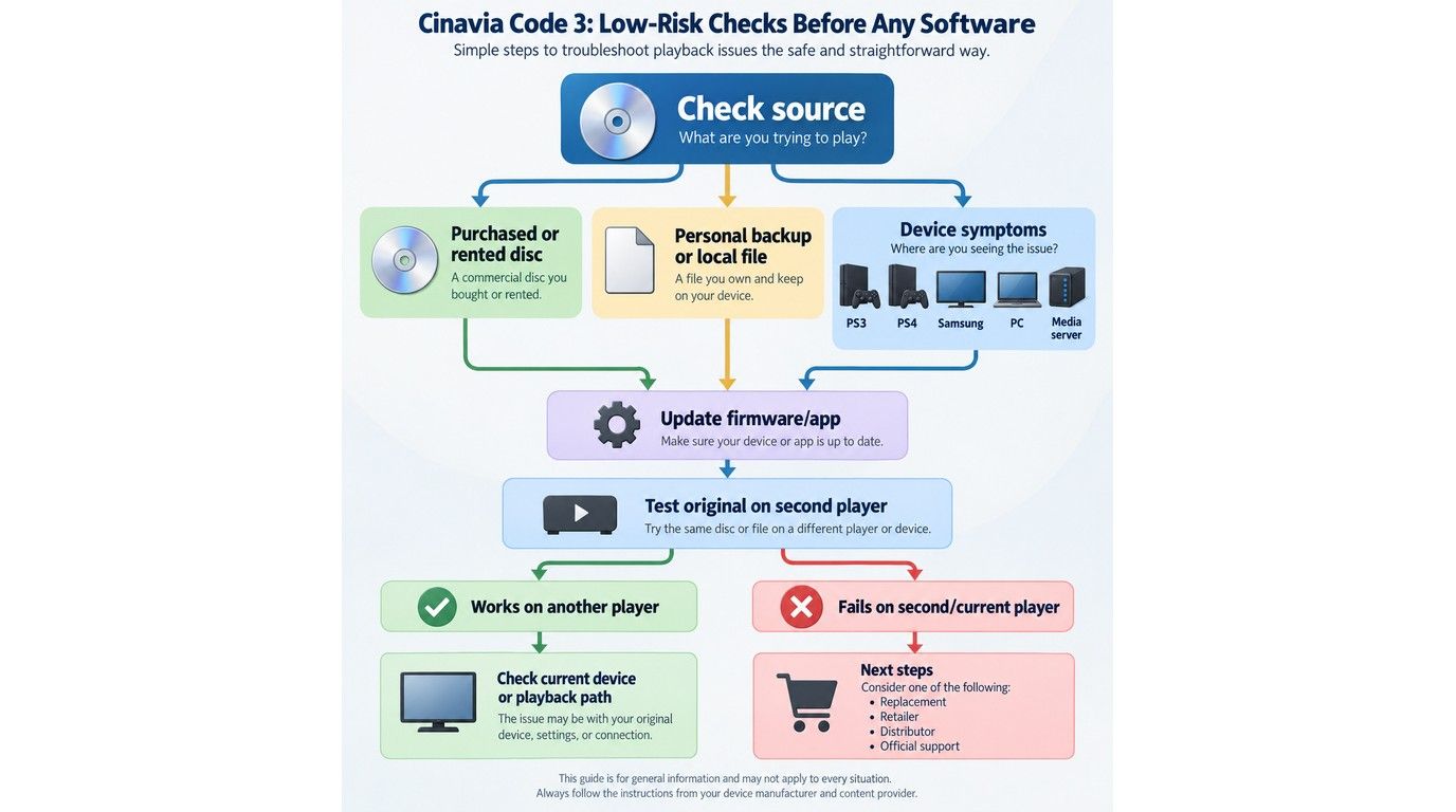 Troubleshooting flow for Cinavia Code 3 across PS3, PS4, Samsung players, computers, and media serve